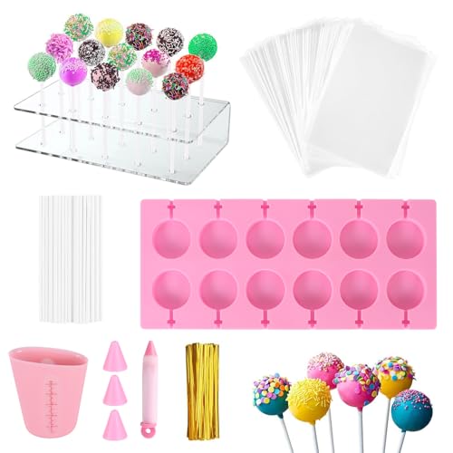 TiooDre Cake Pop Maker Kit, 304PCS Silicone Cake Mold Kits Candy Baking Molds with1 Baking Mold, 1 Acrylic Lollipop Holder, 100PCS Treat Sticks, Gold Bow Ties and Bags for Candy/Lollipop/Chocolate
