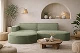 Kaiser Möbel - Ecksofa mit Wohnlandschaft, Eckcouch L-Form, Sofa 3-sitzer, Polstersofa, Bequemes Couch mit Ottomane für Wohnzimmer, Relaxsofa, Stilvolles Cord Sofa, Modena Studio, Hellgrün, Links