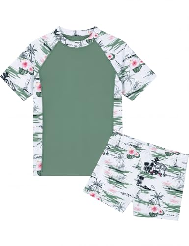 Image of Girls Swimsuit Colorful Short Sleeve Bathing Suits UPF 50+ Rash Guard Set Two Piece Summer Swimwear