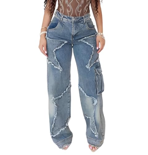 Lingt Chic Women's Y2K Baggy Cargo Jeans High Waisted Ripped Star Tassel Fringe Denim Pants Flap Pocket Stretch Streetwear Blue