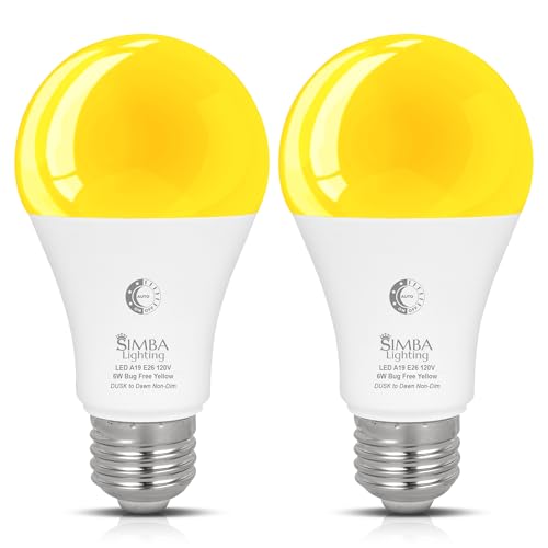 Simba Lighting Bug Non-Attracting Yellow LED Bulb 6W 40W Equivalent (2 Pack), Great for Outdoor Porch Light, Night Light, Dusk-to-Dawn Smart Sensor Auto On/Off, Amber Warm Light, A19 E26 Medium Base