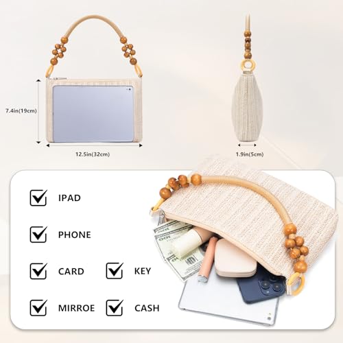 Image of YYW Straw Beach Bag with Zipper Straw Purse Beach Purse Weave Shoulder Vacation Tote Handbags