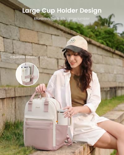 Image of LOVEVOOK Laptop Backpack for Women with Giant Tumbler Holder Pocket, 15.6 inch Laptop Computer Bag Travel Backpack Purse, Waterproof Work Nurse Teacher Bag College School Bookbag, Pink & Beige