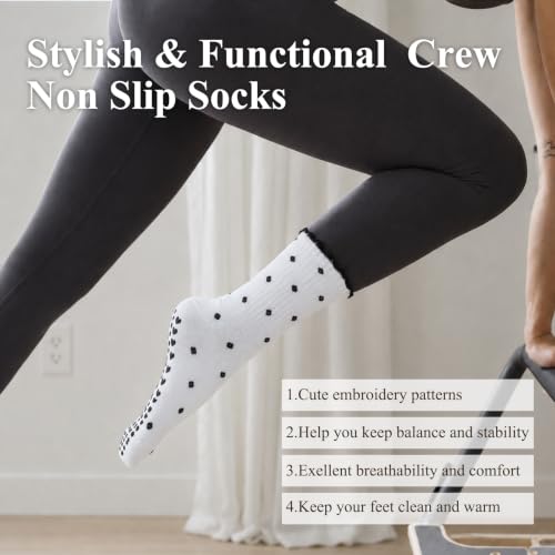 Image of Toes Home Pilates Socks for Women with Non Slip Grippers, Yoga Crew Socks for Barre Hospital Sticky Slipper Socks 4 Pairs