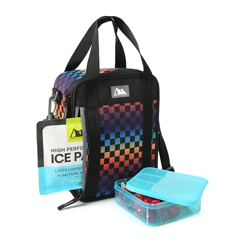 Image of Arctic Zone Urban Kids Lunch Box Combo with Ice Pack and Strap, Checkered | Kids lunch box with reusable gel ice pack and sandwich container, 2 compartment insulated cooler for school or travel lunch