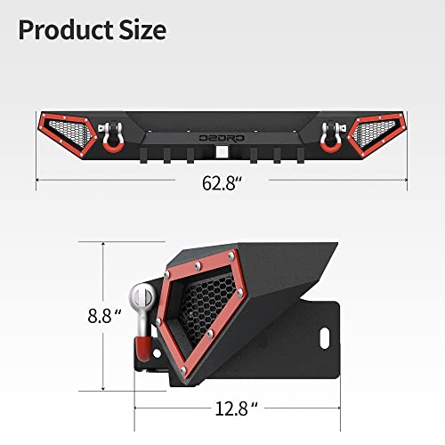 OEDRO Off Road Rear Bumper Combo Compatible with 2007-2018 Jeep Wrangler JK & JKU Unlimited (2/4 Doors), Full Width Back Bumper with Hitch Receiver & 2 x D-Rings