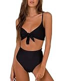 Honlyps High Waisted Bikini Sets for Women Tummy Control 2 Piece Swimsuit Cheeky Coverage Bathing Suit Tie Knot Swim Suit Black
