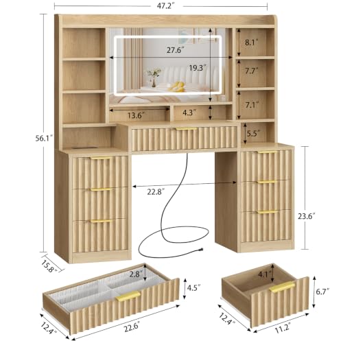 Image of FIONESO Fluted Large Vanity Desk with Mirror and Lights, Power Outlet, Makeup Vanity with 7 Drawers & 6 Open Storage Shelves, 3 Lighting Modes Brightness Adjustable, Natural