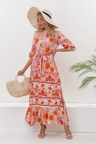 Image of Women Boho High-Waist Floral Print Maxi Dress 3 /4 Sleeve Casual | Soft Rayon, Breathable, Quick-Dry. High-Waist with Adjustable Belt, Flattering Hem. Ideal for Beach, Work & Dating.