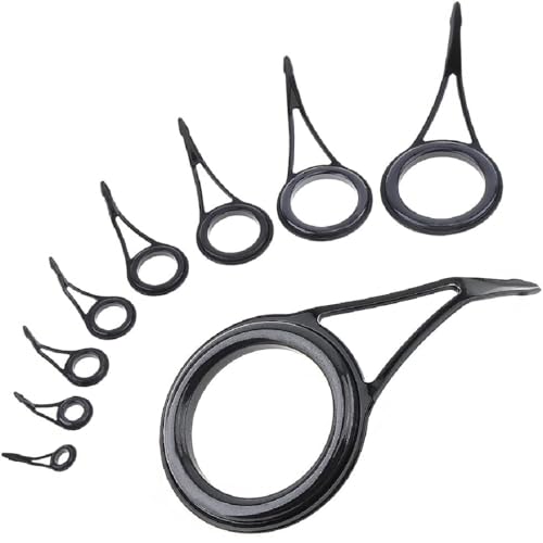 JTKREW 8 Piece Black Stainless Steel Rod Tip Repair Kit with Ceramic Guide Rings for Freshwater and Saltwater Fishing Rods, Ideal Replacement Parts Kit for Damaged Rod Tips