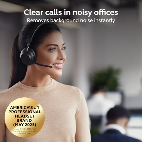 Image of Jabra Evolve2 65 Bluetooth Wireless Headset with Mic for Calls and Music, Single-Ear Headphones with USB-A Adapter and Charging Stand, Up to 37 Hours Battery, Works with Microsoft Teams, Black