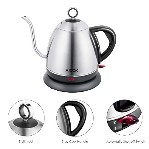 Electric Kettle, AICOK Electric Gooseneck Kettle, Pour Over Kettle for Coffee or Tea, 1L Fast Heating Stainless Steel Water Kettle with Boil Dry Protection & Automatic Shutoff, 1000W - Thumbnail 6