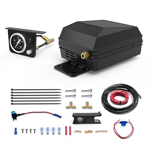 Onboard Air Compressor Kit for Air Bag Suspension, In-Cab Control System with On/Off Switch, 12V, 1/4' Air Line, Universal AirBag Compressor kit for Ford, Chevrolet Silverado, GMC Sierra, Dodge Ram