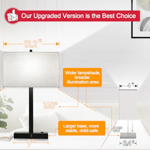 Image of 21 inch Touch Bedside lamps with 2 USB & AC Outlets, 3-Way Dimmable Bedside Table Lamps Set of 2 for Bedroom Living Room Office Reading, Gray Shade Lamps for Night Stands, 5000K LED Bulbs Included