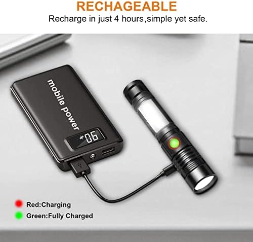 REHKITTZ Torch Led Torches Rechargeable (Including 2500mAh Battery) Mini Magnet Torches Super Bright Tactical Flashlight COB Work Light Powerful Torch for Hiking Camping Walking