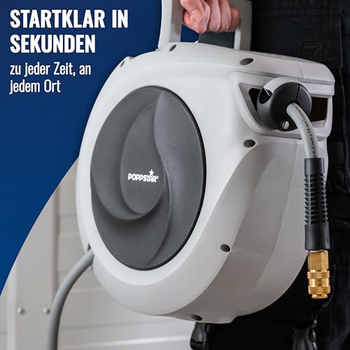 Poppstar Druckluftschlauchtrommel (15m+1,5m, Durchmesser 3/8 (9,2x14mm)) Schnellkupplung 1/4 BSPT, Schlauchtrommel mit Hybrid PVC Schlauch