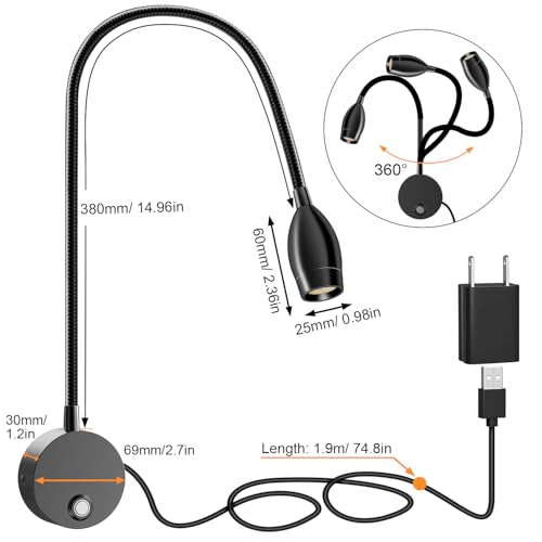 Image of ERAY 1 Pack Plug-in LED Wall Mounted Bedside Reading Light for Bed | Touch Control, 3 Dimmable, 360Flexible Gooseneck Headboard Book Reading Night Lamp Wall Sconce,Eye-Caring, 3000k-6000k