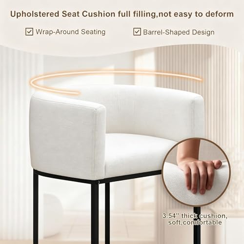 Image of 26 inch H Counter Height Bar Stools Set of 3, Modern Barrel Counter Stools with Backrest and Arms, Linen Fabric Upholstered Accent Barstools for Kitchen Island,Support 450 LBS (White)