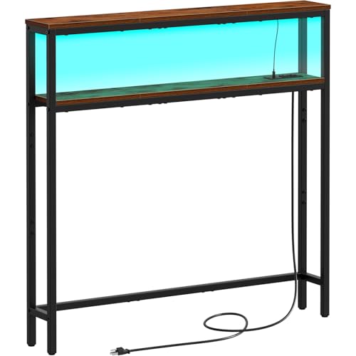Snughome2 Tier Narrow Console Sofa Table with LED Strip Light, 5.9" Long Skinny Behind Couch Table with Power Outlets, Narrow Tall Entryway Table for Living Room and Hallway, Rustic Brown