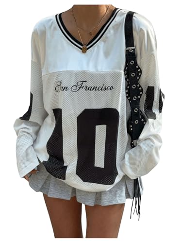 Women's Jersey Shirts Number Letter Graphic V Neck Long Sleeve Oversized Sports T Shirts Tops