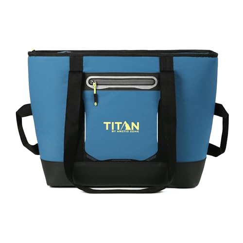 Titan by Arctic Zone Soft Sided Cooler Tote, Insulated Bag with Handle, Shoulder Strap, and Zipper for Lunch, Picnic, and Travel, 30 Can Capacity, Marine Blue