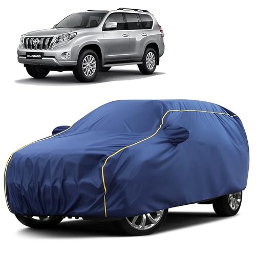 Image of Sulfar 100% Water Resistant Car Body Cover Compatible with Mirror for Toyota Prado (Triple Stitched, Full Bottom Elastic, Blue Taffeta with Yellow Piping)