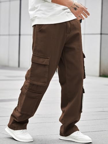 Image of Men's 8 Pocket Cargo Pants | Premium Cotton Twill Baggy Fit Trousers | Stretchable Casual Streetwear Cargos | Mid Rise
