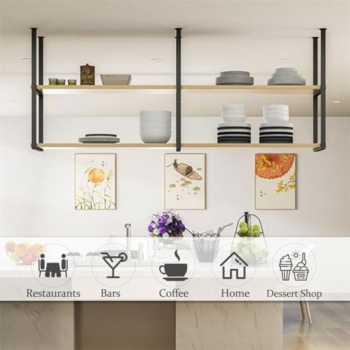 Étagère flottante de plafond à 2 couches en bois et métal noir pour bar et cuisine 150x30x80cm - 6