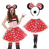 Ntwdby Disfraz de Mouse, Disfraz de ratón para mujer, Tutú Rojo con Lunares Blancos, Diadema con Orejas de Ratón, Guantes y Nariz, Mouse Costume Adulto para carnaval cosplay carnaval halloween