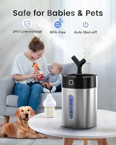 Image of Feekaa Stainless Steel Humidifier Easy Clean, 1Gal /4L Cool Mist Humidifiers for Bedroom, Dishwasher Safe Humidifier Large Room, Humidifiers for Bedroom Baby Nursery Living Room Office, Black