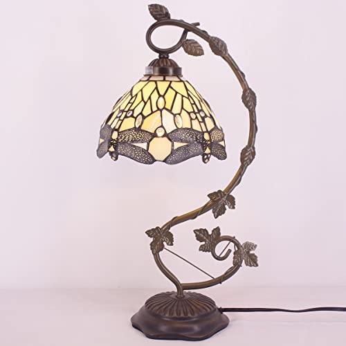 Werfactory Tiffany Lamp Amber Stained Glass Dragonfly Table Lamp Desk Reading Light, Metal Leaf Base Decor Small Space Bedroom Home Office S139 Series #TOP5