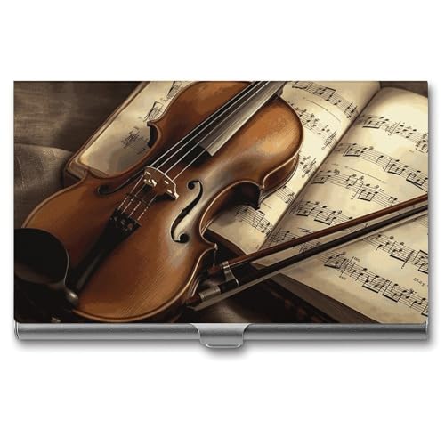 Slim Metal Business Card Holder - Violin And Book Aluminum Alloy Card Case with Buckle Closure, Holds 20 Cards & Cash, Professional Credit Card Size ID Holder for Men Women Gift
