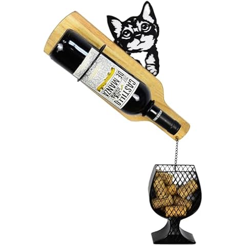 Drincarier cat Wine Rack Wall Mounted with Cork Holder, Hold 1 Bottle and Some Corks, Creative Metal & Wood Wine Rack Wall Wine Rack with Wine Cork Holder (Black) Cover