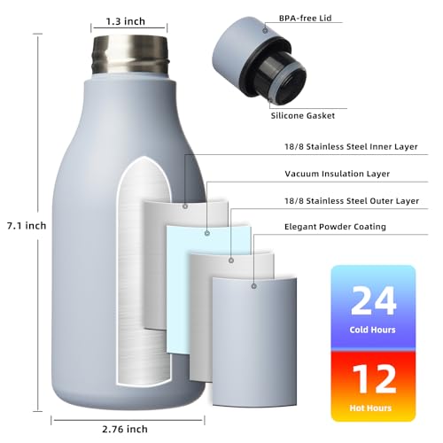 Image of BJPKPK Insulated Water Bottles, 12oz Stainless Steel Metal Water Bottle with Strap, BPA Free Leak Proof Jugs, Mugs, Flasks, Reusable Thermal Flasks for Sports & Travel, Mist Grey