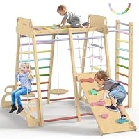 Upgraded Indoor Playground 9-in-1 Jungle Gym Kids Climbing Toys, Montessori Philosophy Waldorf Style Wooden Climber Playset with Slide, Swing, Monkey Bars, Upright/Rope Ladder, Climb Net, Rainbow