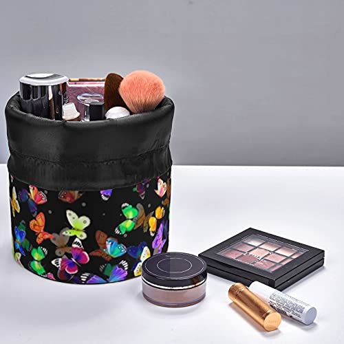 Ptonuic Starry Butterfly Travel Cosmetic Bag Drawstring Barrel Makeup Bag,Women&Girls Portable Foldable Case,Multifunctional Toiletry Bucket Bag Round Organizer Storage Pocket Soft Collapsible #TOP5