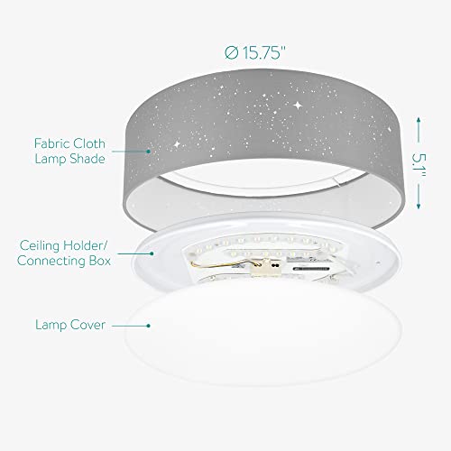Navaris Flush Mount Ceiling Light - 15.75" Diameter Drum Lamp Shade Led Fixture With Sparkling Star Effect - Bedroom Or Nursery Lighting - Light Gray #TOP2