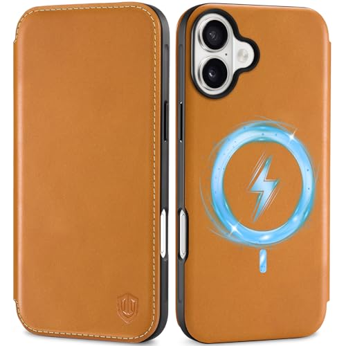 SHIELDON Wallet Case for iPhone 16 Plus 6.7", Genuine Leather Slim Wireless Charging RFID Blocking Credit Card Holder Magnetic Shock-Absorbent Compatible with iPhone 16 Plus - Retro Light Brown by SHIELDON - Used condition - US$12.70