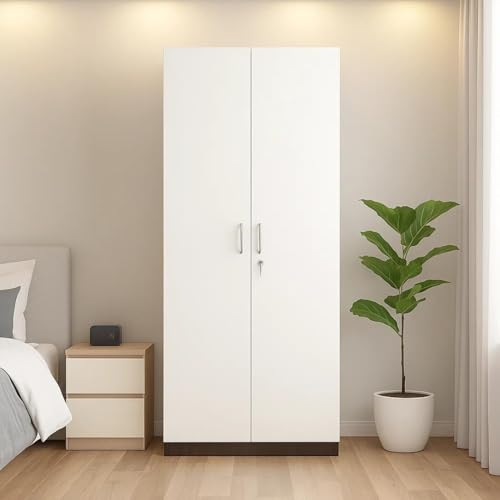 Image of GRATUS 2 Door Wardrobe - Compact Engineered Wood Cupboard Without Drawer for Clothes Storage, Small Bedroom Organizer - 180 x 70 x 45 cm Classic White