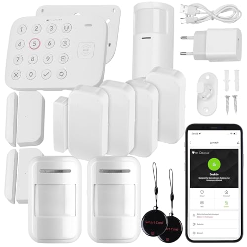 VisorTech Funk Alarmanlage Sets: 12-teiliges WLAN-Alarmanlagen-Set mit 9 Sensoren, 2 RFID-Schlüssel,App (Alarmanlage mit Türsensor, Alarmgerät, Haus)