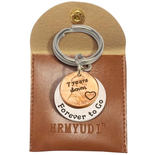 Product Image of the HRMYUDI Copper Gifts for 7th Anniversary, 7 Years Anniversary Copper Gift Coin Keychain with a 2019 Penny, 7 Years Down and Forever To Go Keyring, Anniversary Present for Man Woman