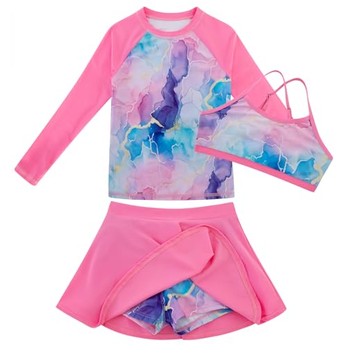 Image of Girls Swimsuit Long Sleeve Swim Shirt 3 Piece Rash Guard for Girls Bathing Suit with Boyshorts