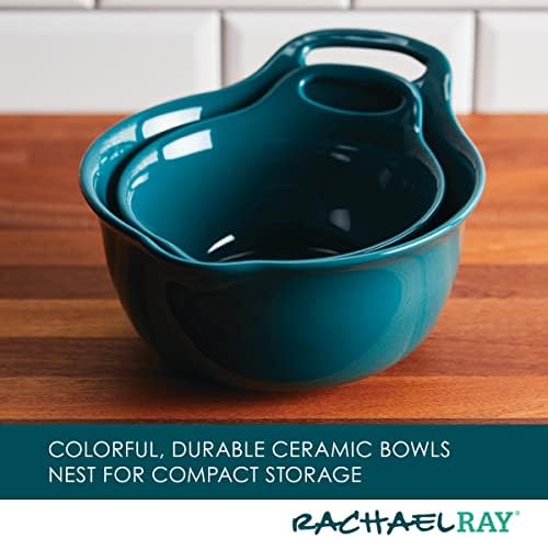 Rachael Ray Ceramics Nesting Mixing Bowl Set with Pour Spout, 1 Quart and 2 Quart, Teal - Thumbnail 4