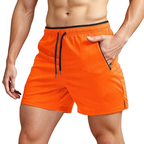 Generisch Short de tennis pour homme avec poches zippées pour gym, entraînement sportif, 12,7 cm, short de badminton pour homme, Orange, S