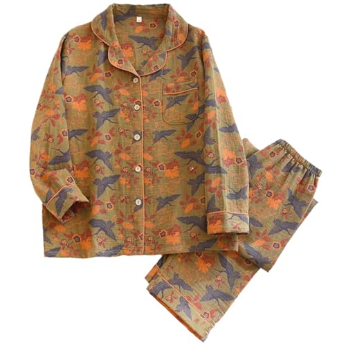 Image of Vintage Leaf Cotton Lapel Loungewear Set, Ginkgo Leaf Button Colorful Floral Pure Pajama, Women's Fashion Sleepwear