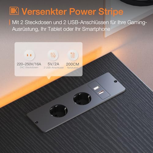 ODK Gaming Tisch L Form, 120x80cm Schreibtisch L Form mit Regal Reversibe, Eckschreibtisch mit USB-Ladeanschluss & Steckdose, Ecktisch mit Monitorständer für Büro, Heimbüro, Schwarz – Bild 6