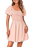KIRUNDO 2023 Women's Summer Square Neck Smocked Puff Sleeve Mini Dress Off Shoulder Ruffle A-Line Puffy Short Dresses(Pink, X-Large)