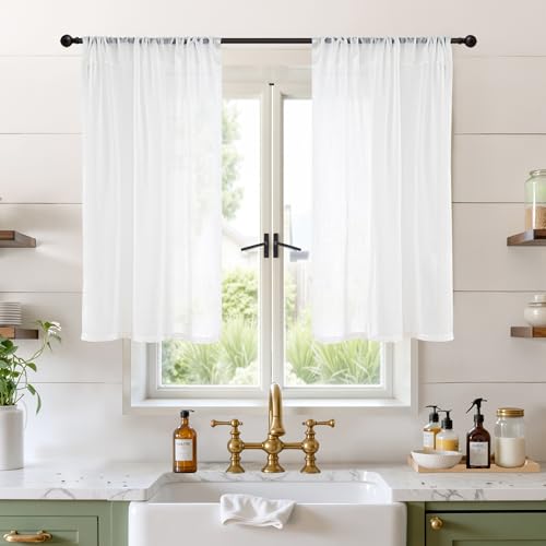 Image of BGment Short White Curtains 40 Inch Length for Small Window - Linen Semi Sheer Drapes with Rod Pocket Light Filtering for Cafe Bedroom Kitchen Lightweight Rustic, 2 Panels Set, 30 X 40 Inch