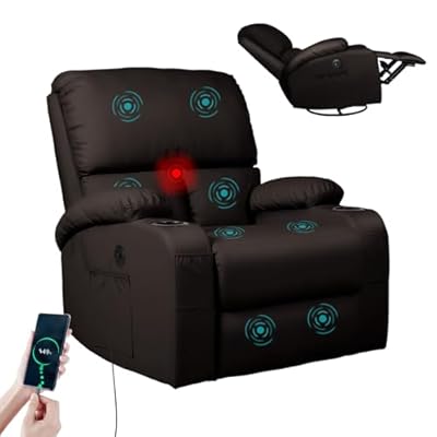 LEVELEVE Rocking Recliner Chair, Massage Rocker Recliner Chair with Vibration Massage and Heat, USB and Type-C Ports,360° Swivel Faux Leather Chairs, Living Room, Bedroom, Nursery, RV, Brown