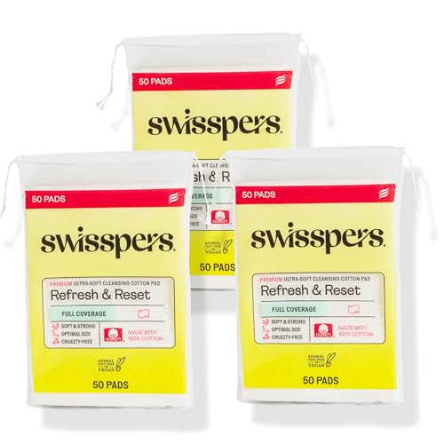 Image of Swisspers Refresh and Reset Facial Cleansing Cotton Pads - 100% Natural Fiber, Ultra-Soft Beauty Essentials for Women & Men - Cruelty-Free, Paraben-Free Skincare Application Squares (50 Count) 3 Pack